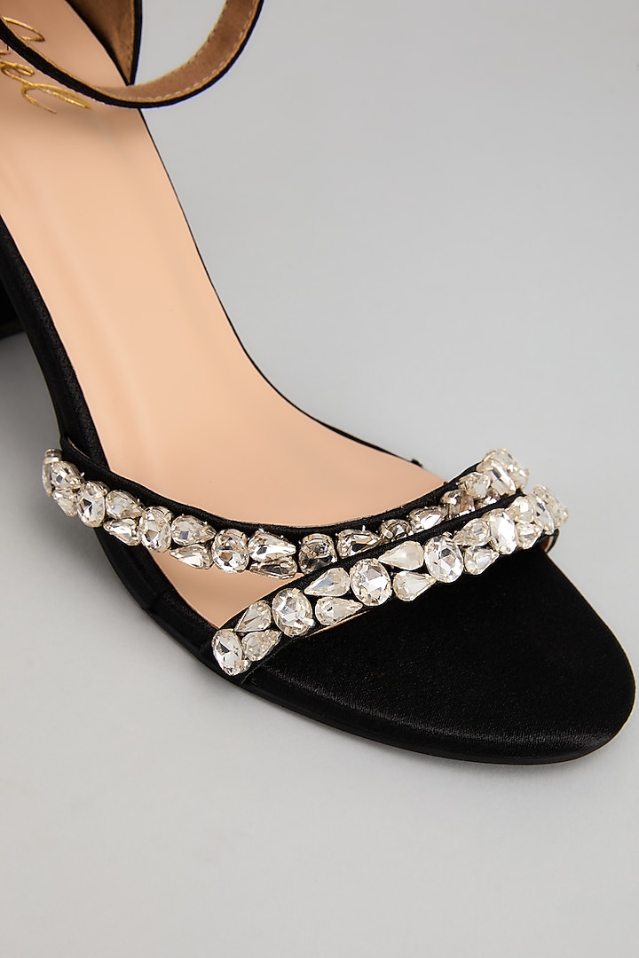 Black Satin Leather Swarovski Crystal Embellished Block Heels by Cielbyak at Pernia's Pop Up Shop