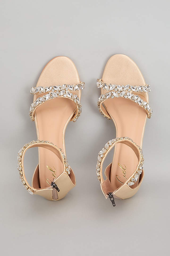 Nude Vegan Leather Crystal Embellished Heels by Cielbyak at Pernia's Pop Up Shop