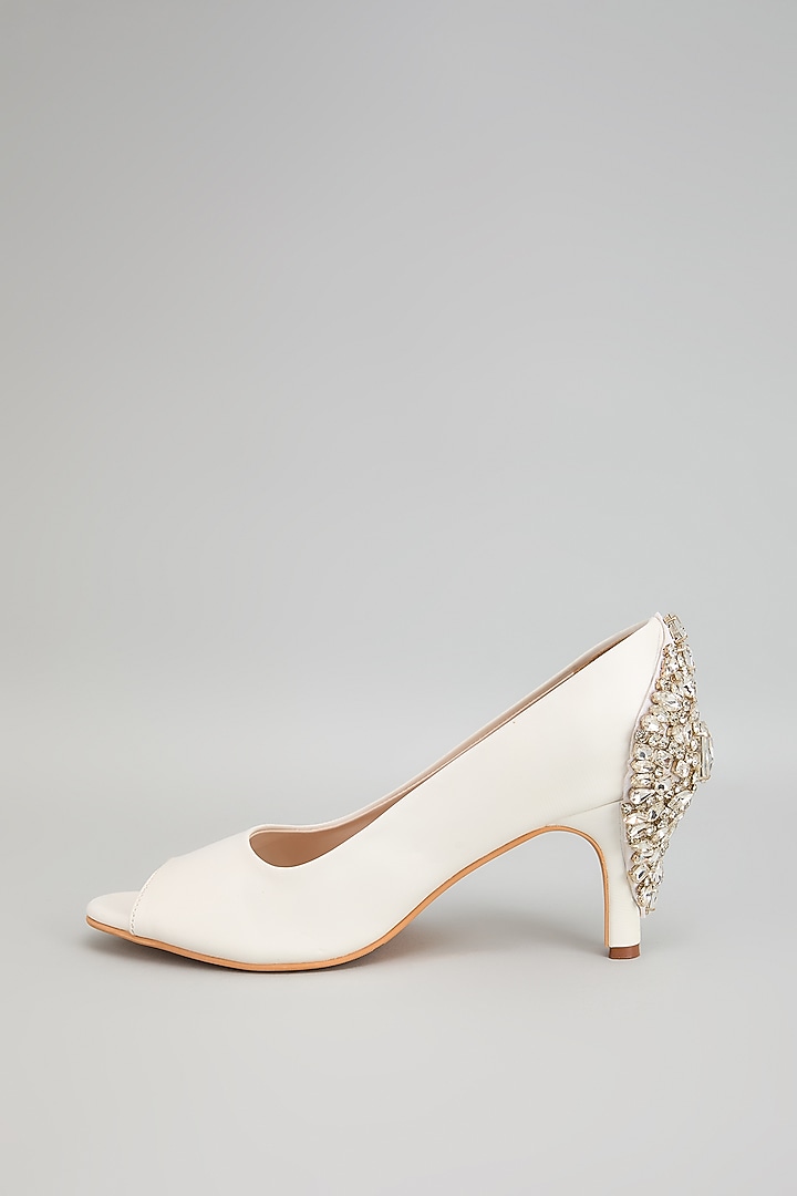 White Art Leather Swarovski Crystal Embellished Pumps by Cielbyak at Pernia's Pop Up Shop
