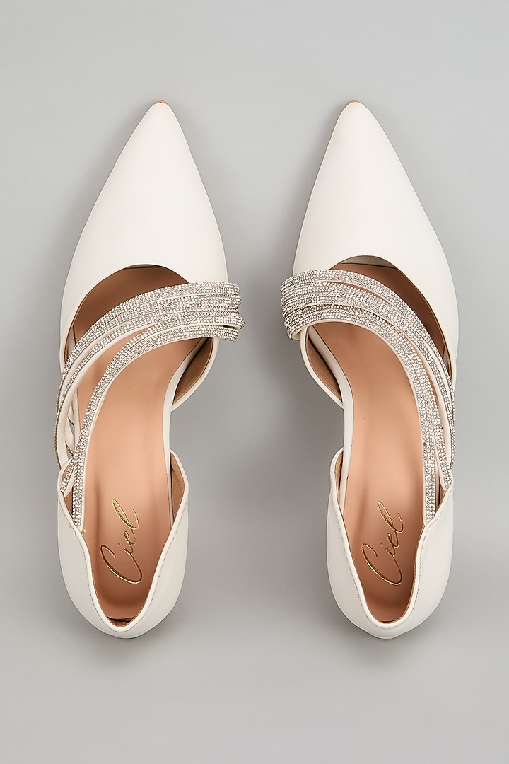 White Art Leather Rhinestone Embellished Pointed Toe Heels by Cielbyak at Pernia's Pop Up Shop