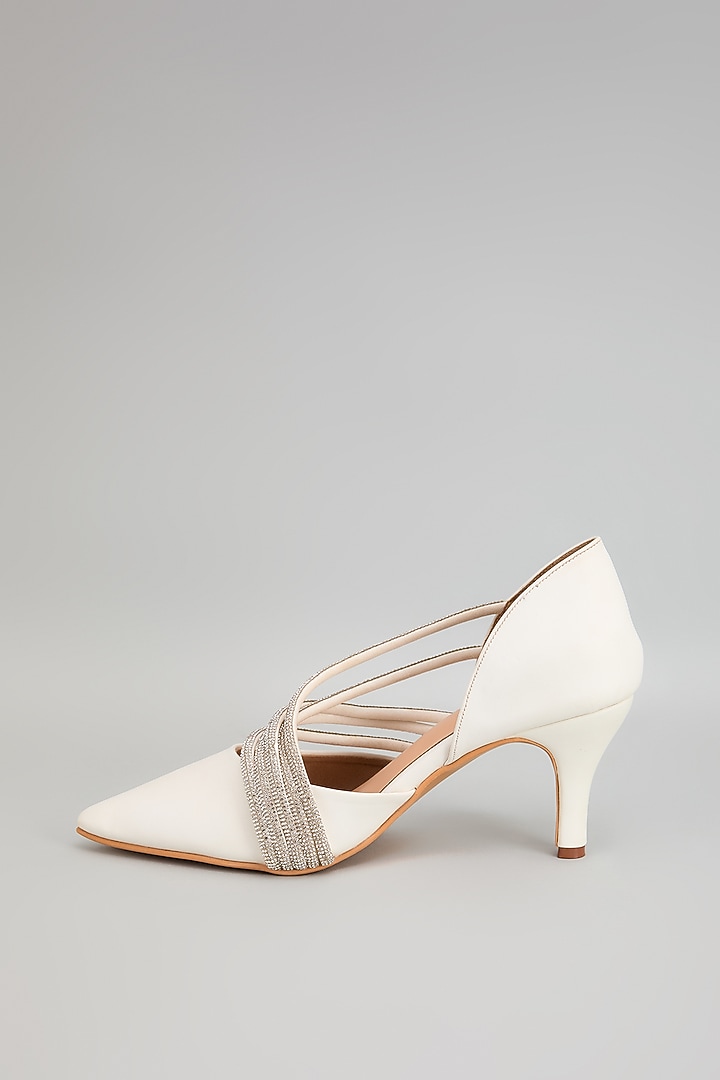 White Art Leather Rhinestone Embellished Pointed Toe Heels by Cielbyak at Pernia's Pop Up Shop