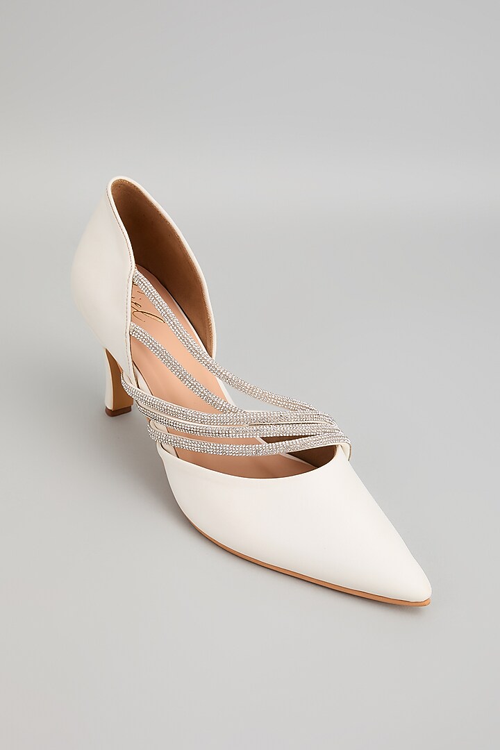 White Art Leather Rhinestone Embellished Pointed Toe Heels by Cielbyak at Pernia's Pop Up Shop