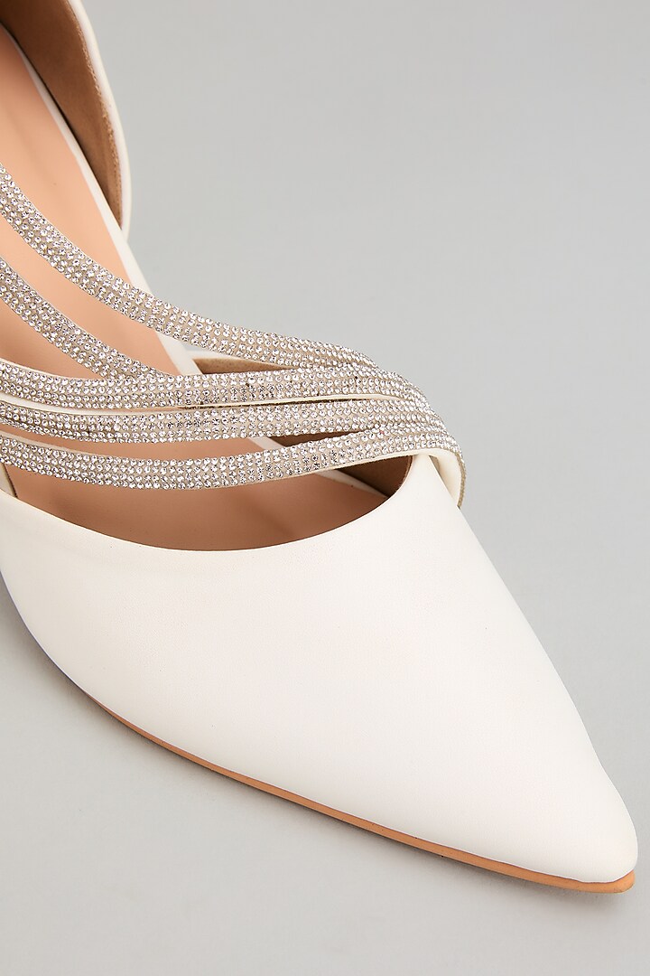 White Art Leather Rhinestone Embellished Pointed Toe Heels by Cielbyak at Pernia's Pop Up Shop