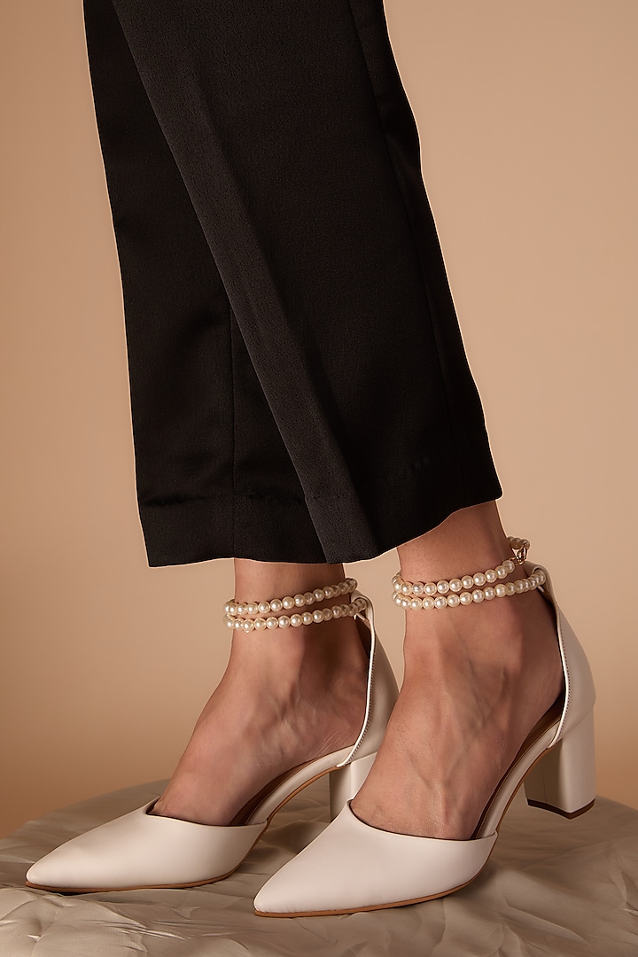 White Pearl Embellished Pointed Toe Block Heels by Cielbyak
