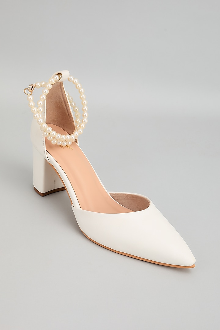 White Pearl Embellished Pointed Toe Block Heels by Cielbyak at