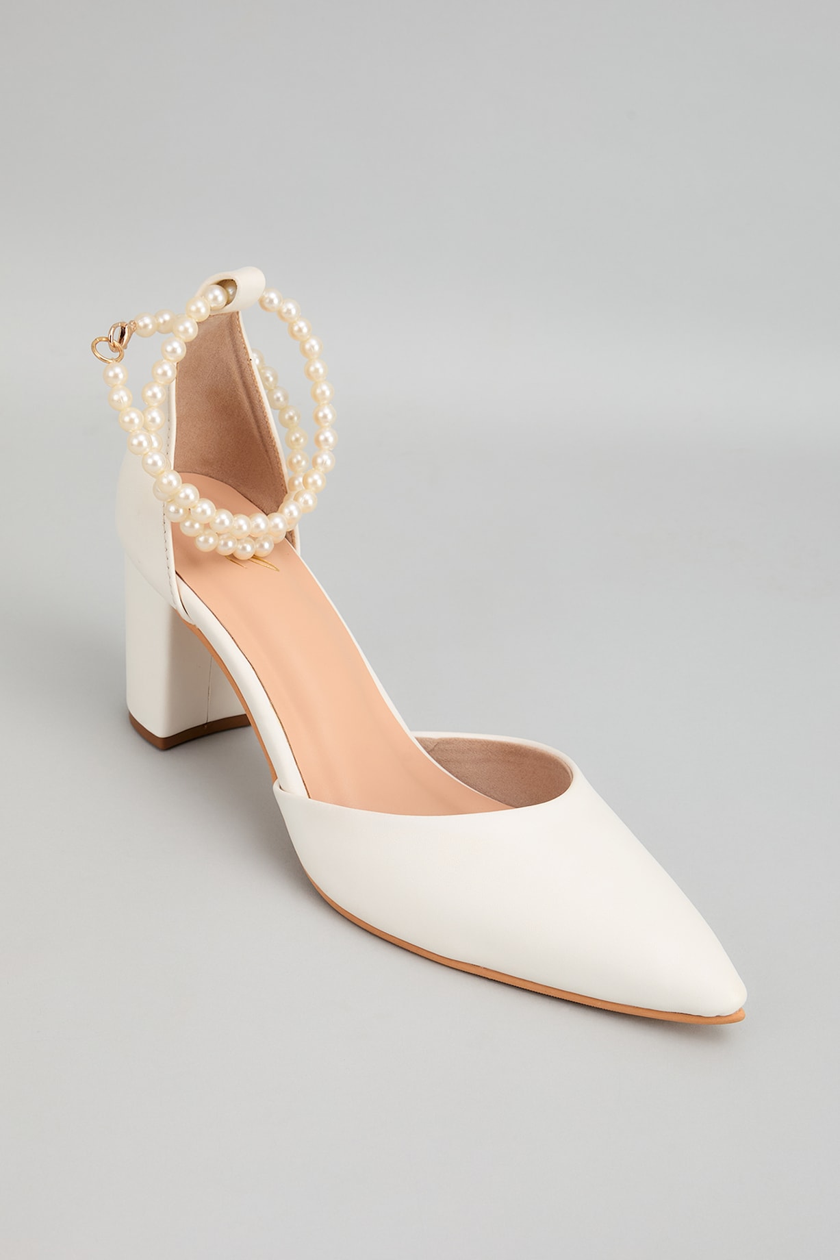 Low Heel White Block Heel Pointed Toe White Pearl Embellished
