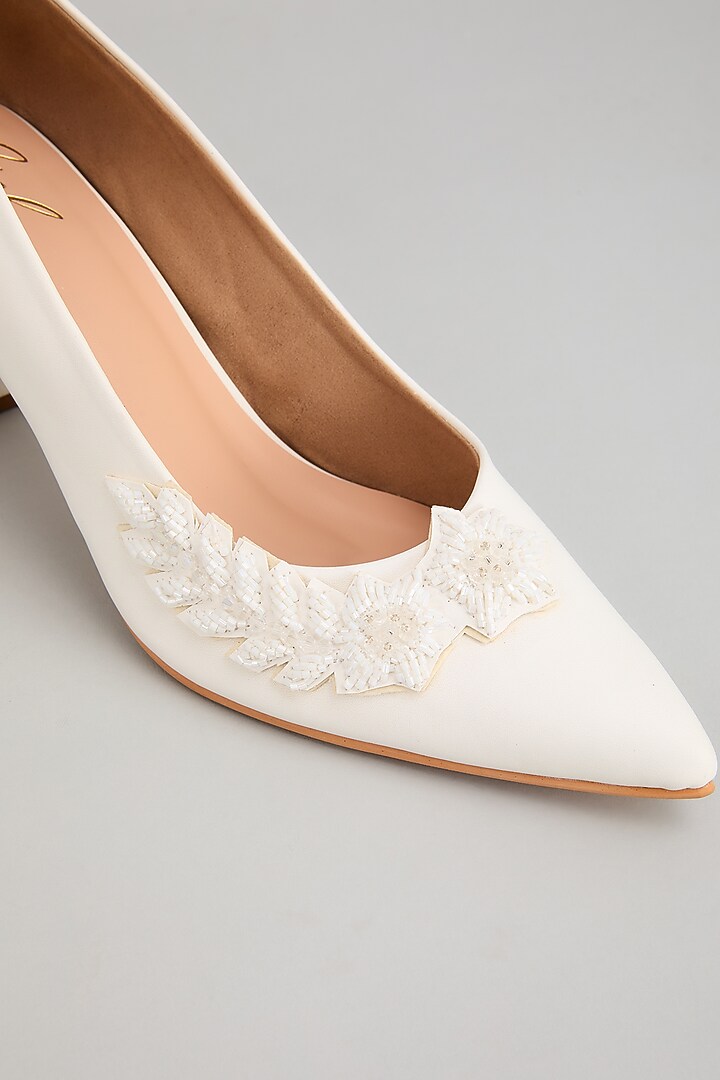 White Art Leather Pearl Embellished Stilettos by Cielbyak at Pernia's Pop Up Shop