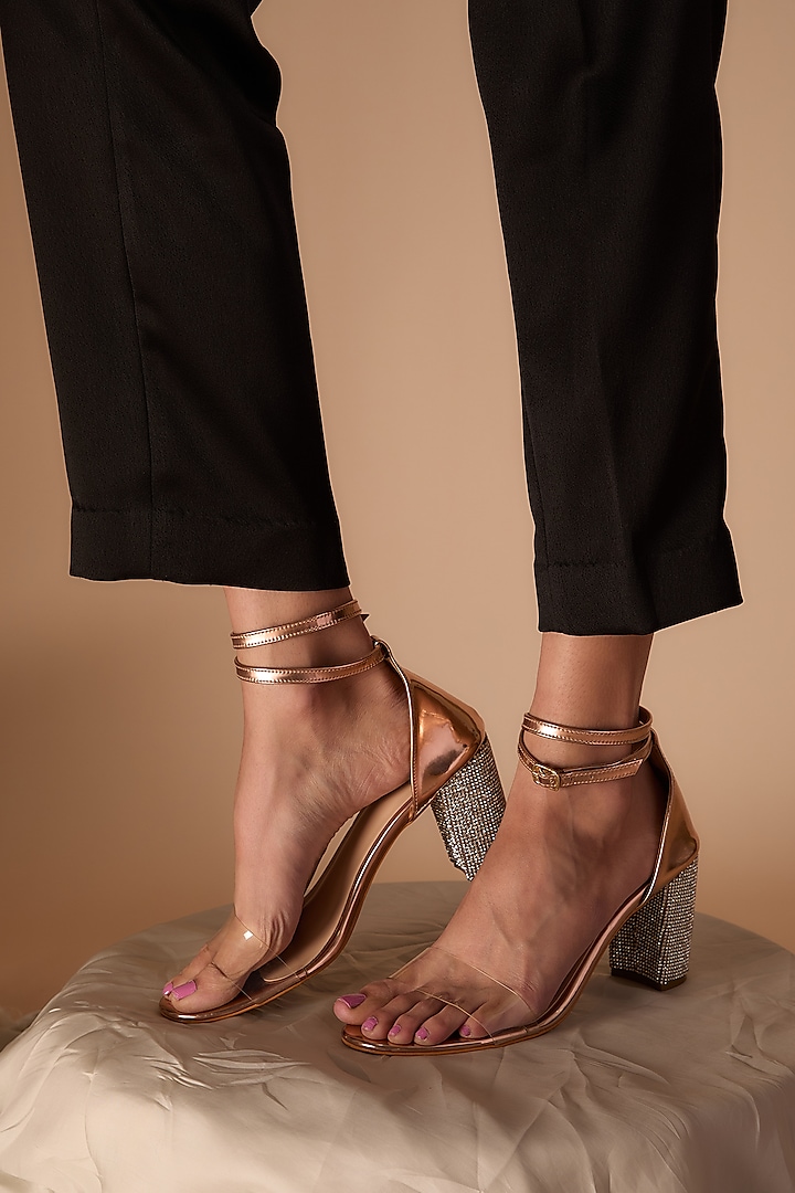 Gold Vegan Leather Rhinestone Embellished Heels by Cielbyak