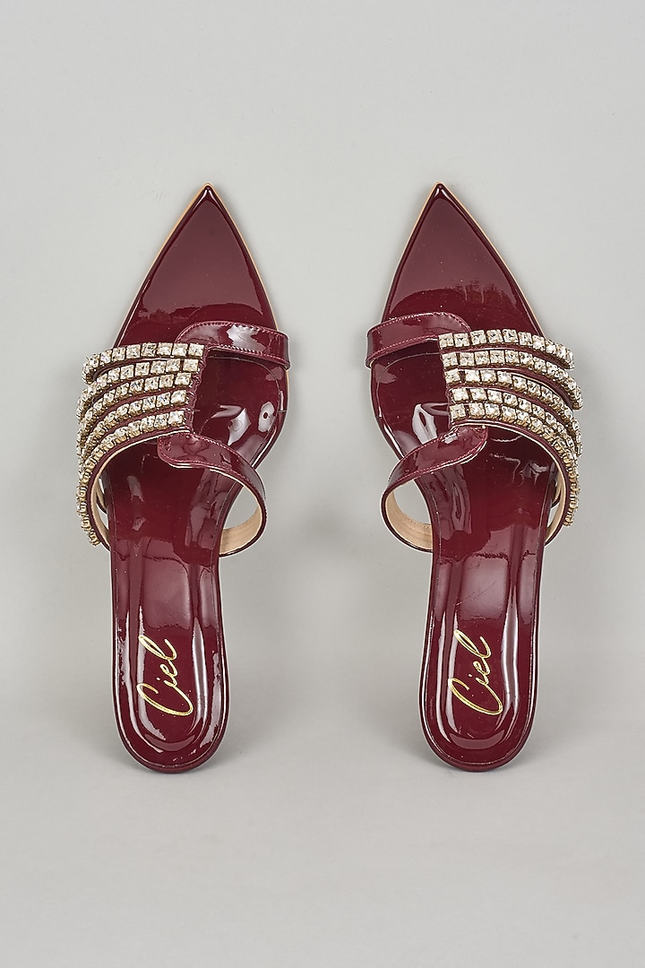 Deep Maroon Art Leather Crystal Embellished Heels by Cielbyak at Pernia's Pop Up Shop