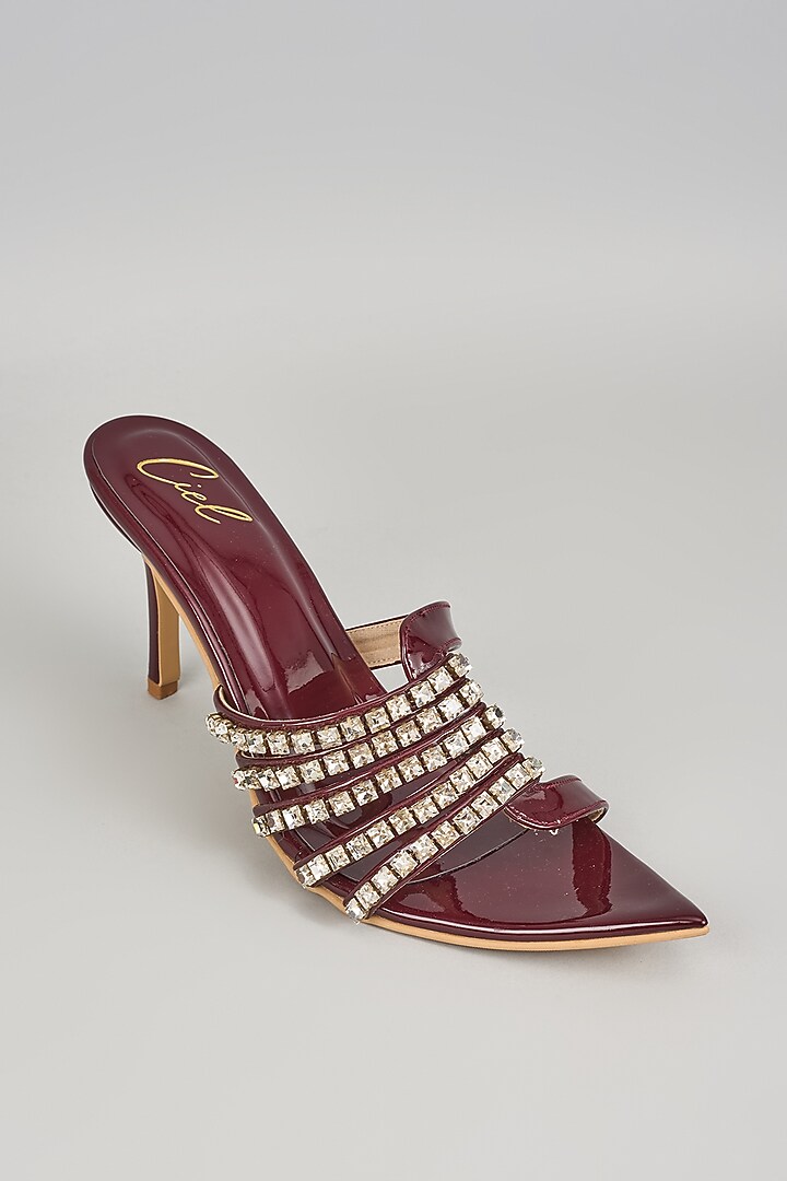 Deep Maroon Art Leather Crystal Embellished Heels by Cielbyak at Pernia's Pop Up Shop