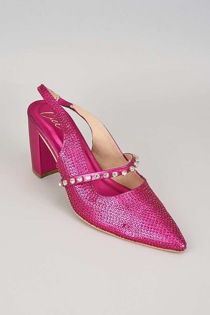 Pink Satin Leather Rhinestone Embellished Heels by Cielbyak at Pernia's Pop Up Shop