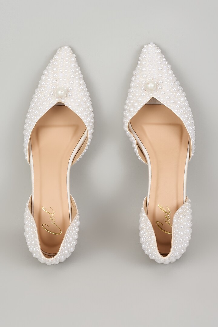 White Satin Leather Pearl Work Heels by Cielbyak at Pernia's Pop Up Shop