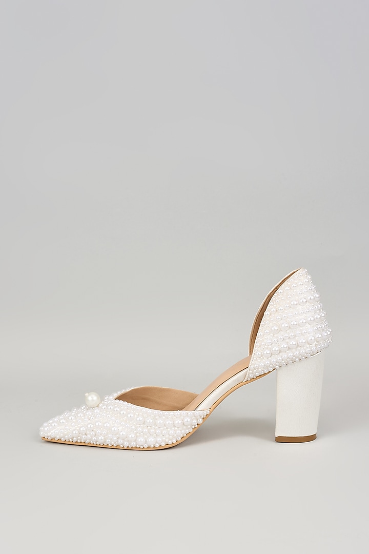 White Satin Leather Pearl Work Heels by Cielbyak at Pernia's Pop Up Shop