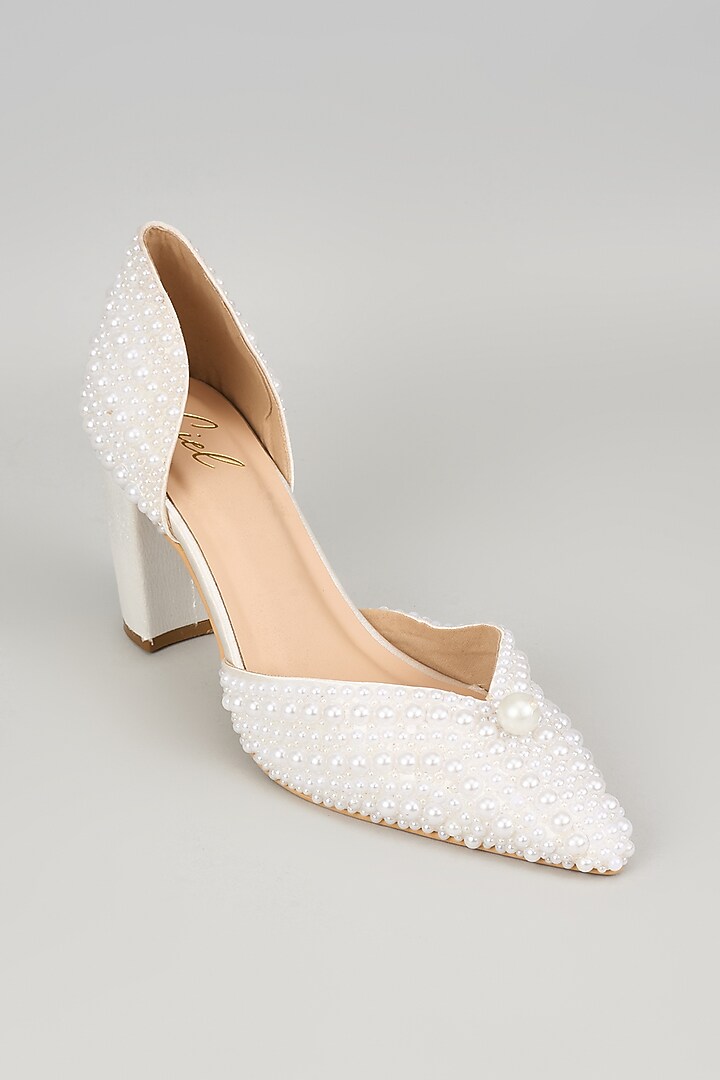 White Satin Leather Pearl Work Heels by Cielbyak at Pernia's Pop Up Shop