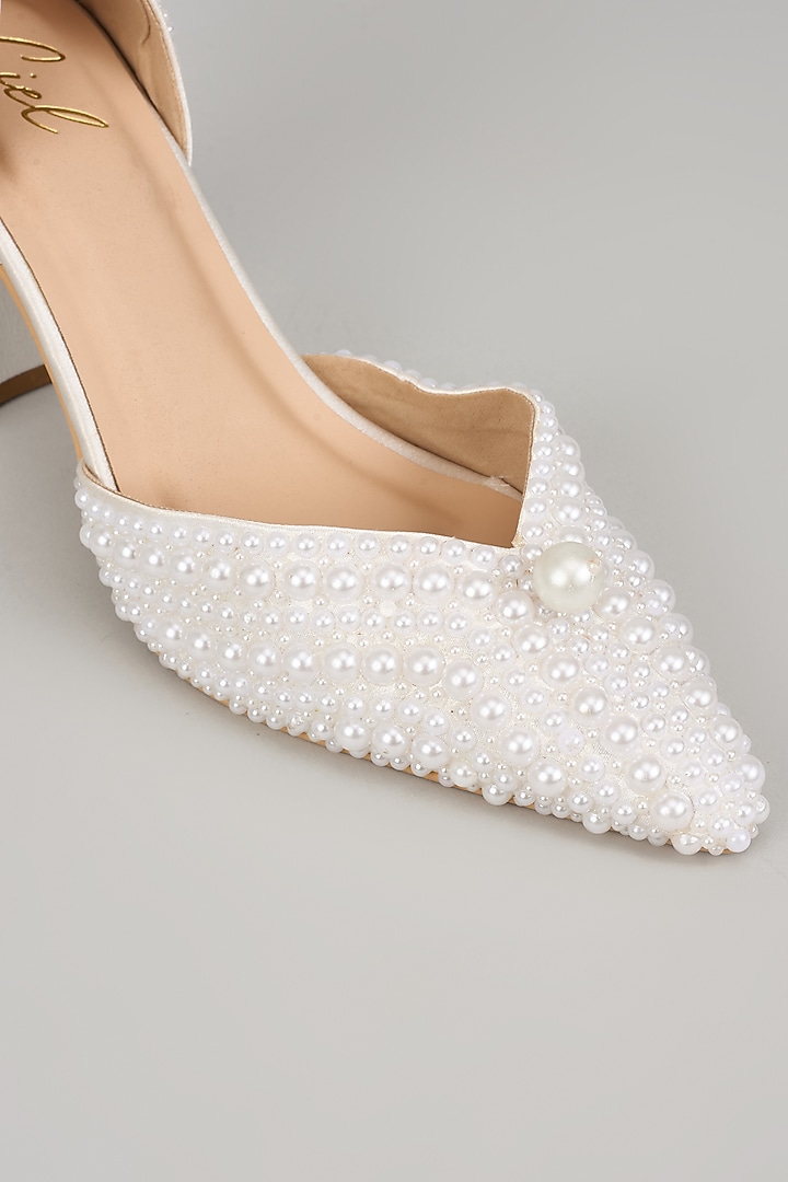 White Satin Leather Pearl Work Heels by Cielbyak at Pernia's Pop Up Shop