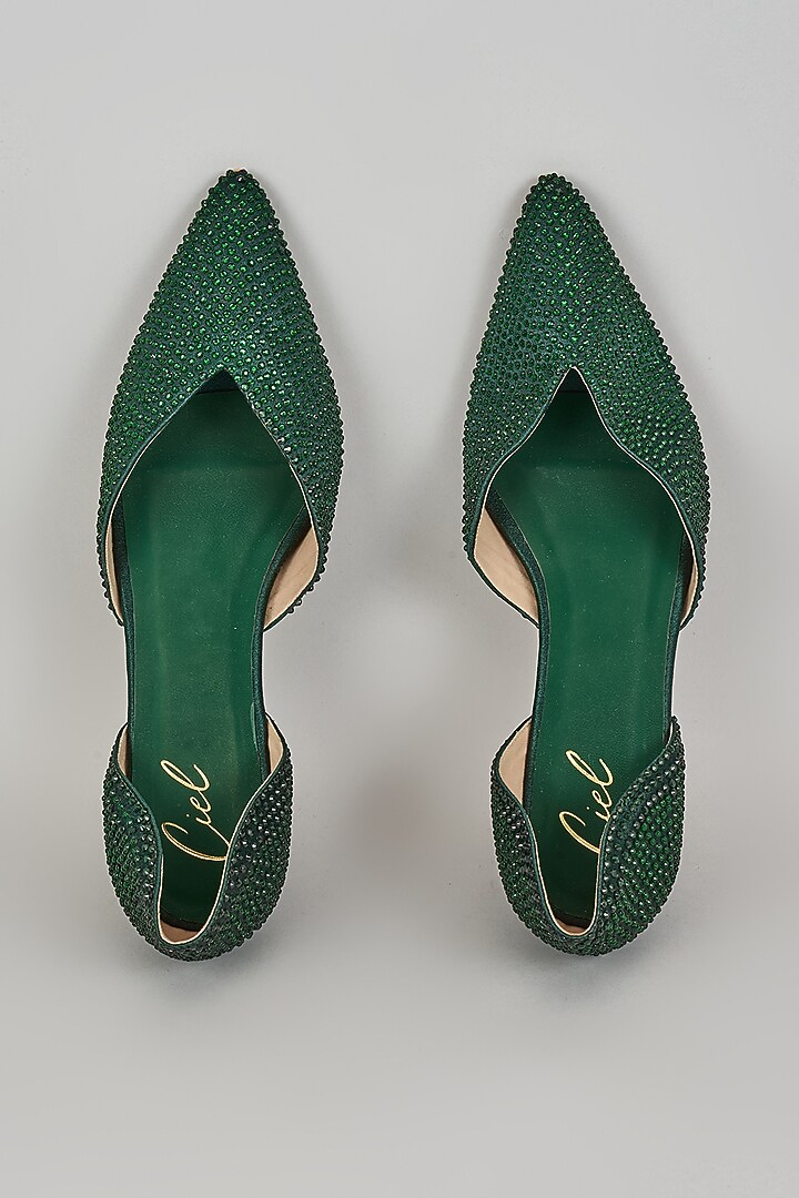 Emerald Green Satin Leather Rhinestone Work Heels by Cielbyak at Pernia's Pop Up Shop
