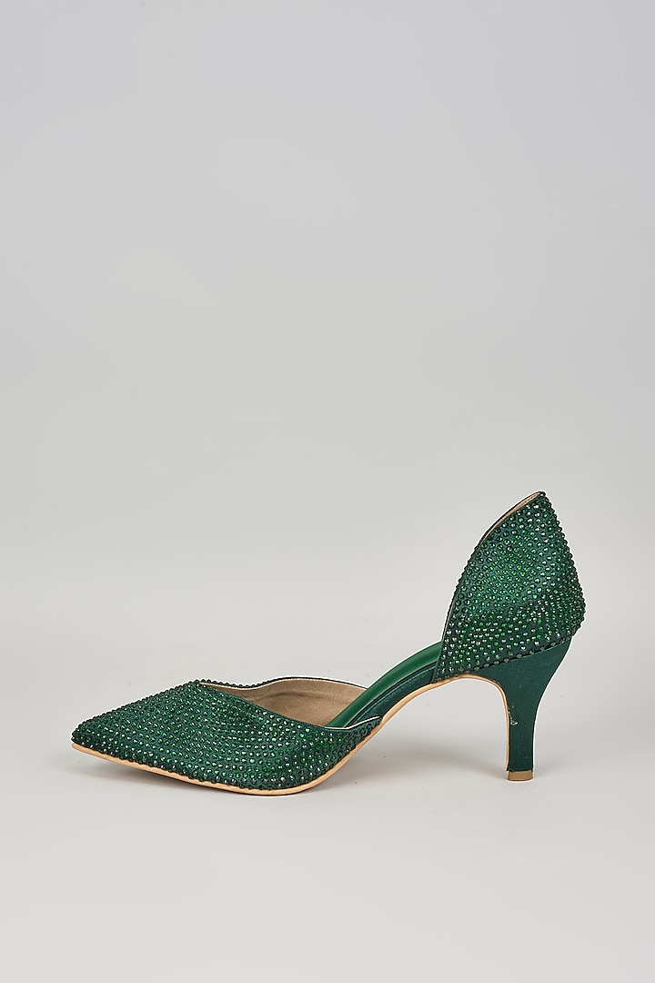 Emerald Green Satin Leather Rhinestone Work Heels by Cielbyak at Pernia's Pop Up Shop