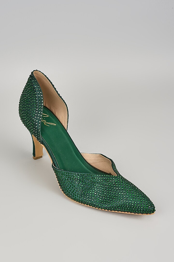 Emerald Green Satin Leather Rhinestone Work Heels by Cielbyak at Pernia's Pop Up Shop