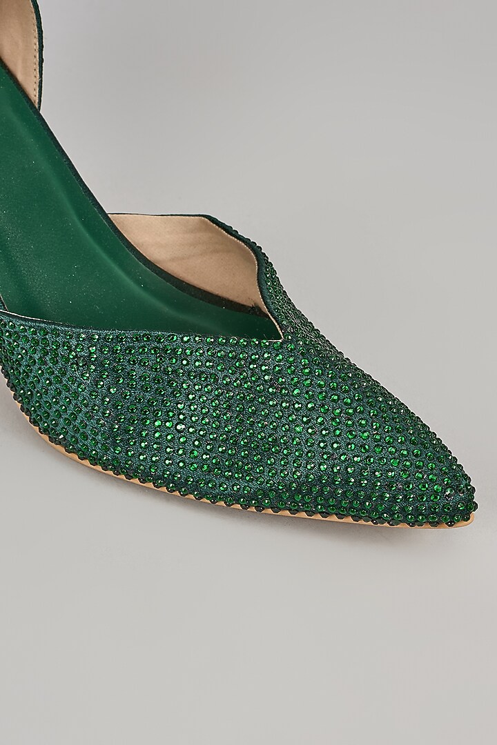 Emerald Green Satin Leather Rhinestone Work Heels by Cielbyak at Pernia's Pop Up Shop