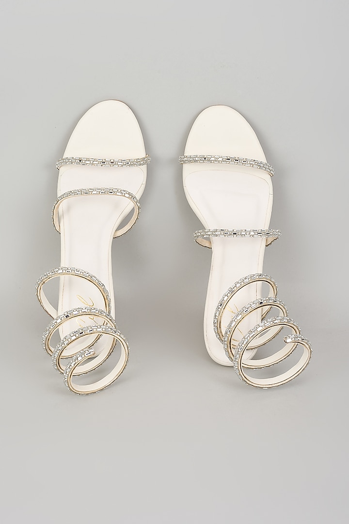 White Art Leather Crystal Embellished Heels by Cielbyak at Pernia's Pop Up Shop