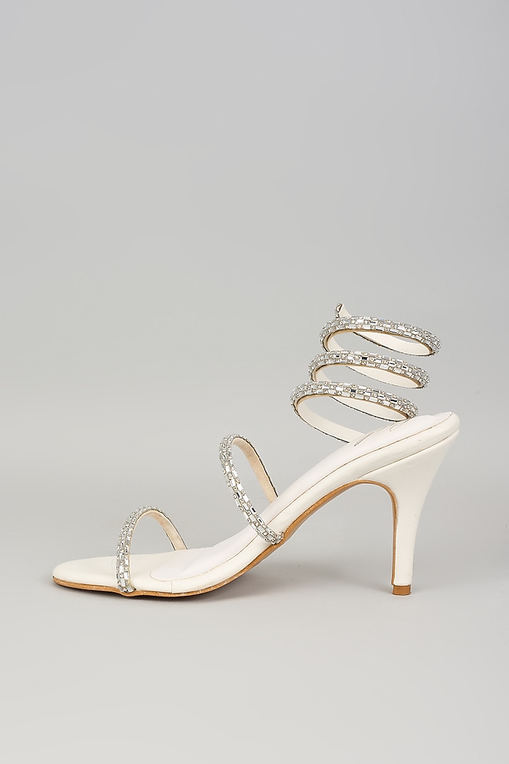 White Art Leather Crystal Embellished Heels by Cielbyak at Pernia's Pop Up Shop