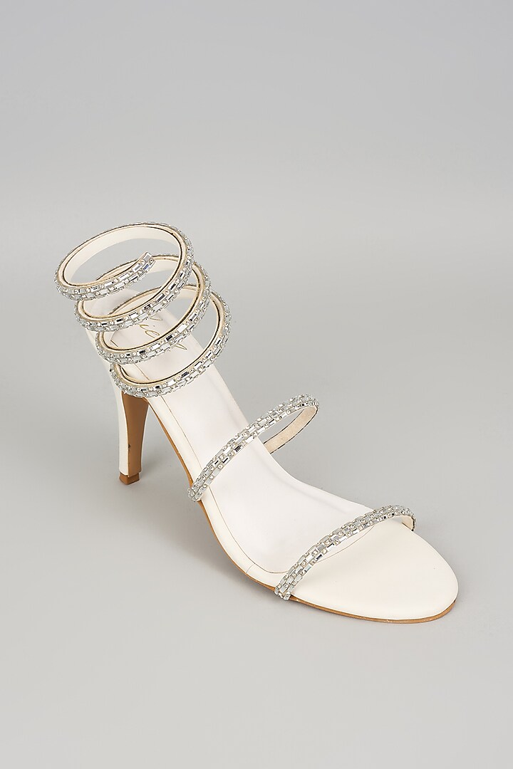 White Art Leather Crystal Embellished Heels by Cielbyak at Pernia's Pop Up Shop