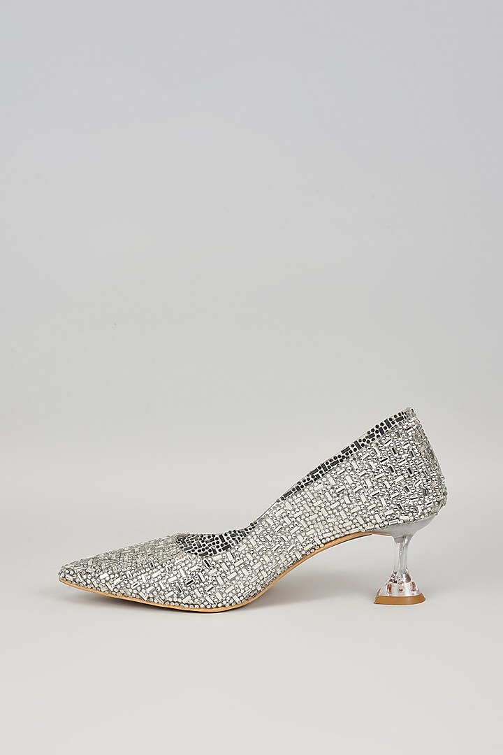 Silver Acrylic Stone & Cutdana Work Heels by Cielbyak at Pernia's Pop Up Shop
