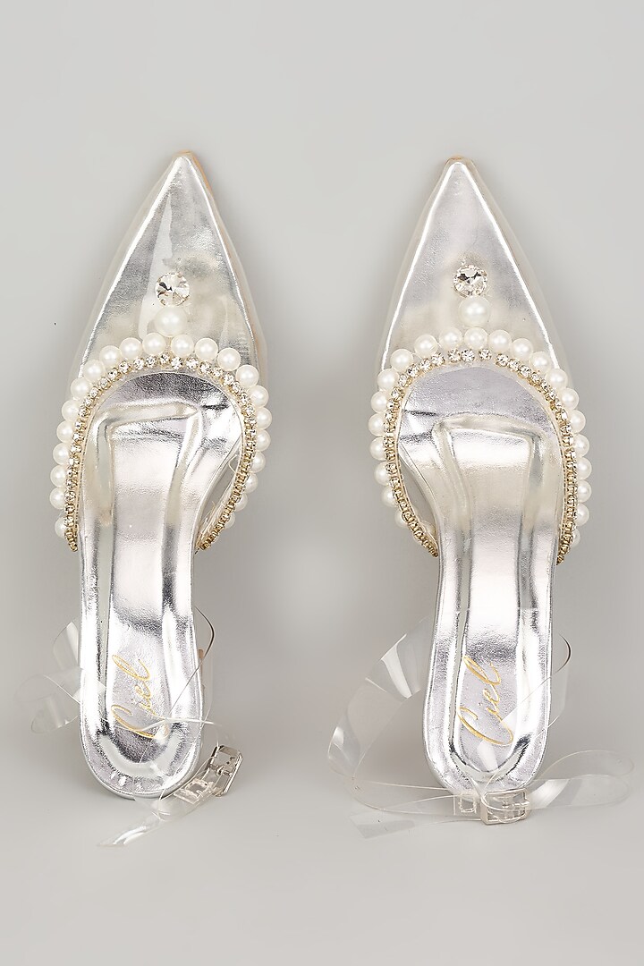 Silver Art Leather & Transparent Acrylic Pearl Embellished Heels by Cielbyak at Pernia's Pop Up Shop