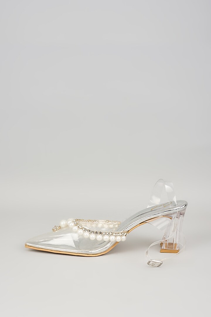 Silver Art Leather & Transparent Acrylic Pearl Embellished Heels by Cielbyak at Pernia's Pop Up Shop