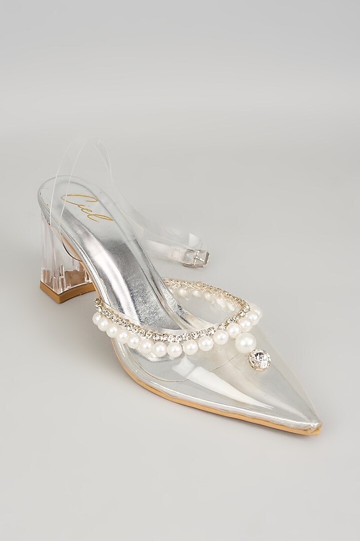 Silver Art Leather & Transparent Acrylic Pearl Embellished Heels by Cielbyak at Pernia's Pop Up Shop