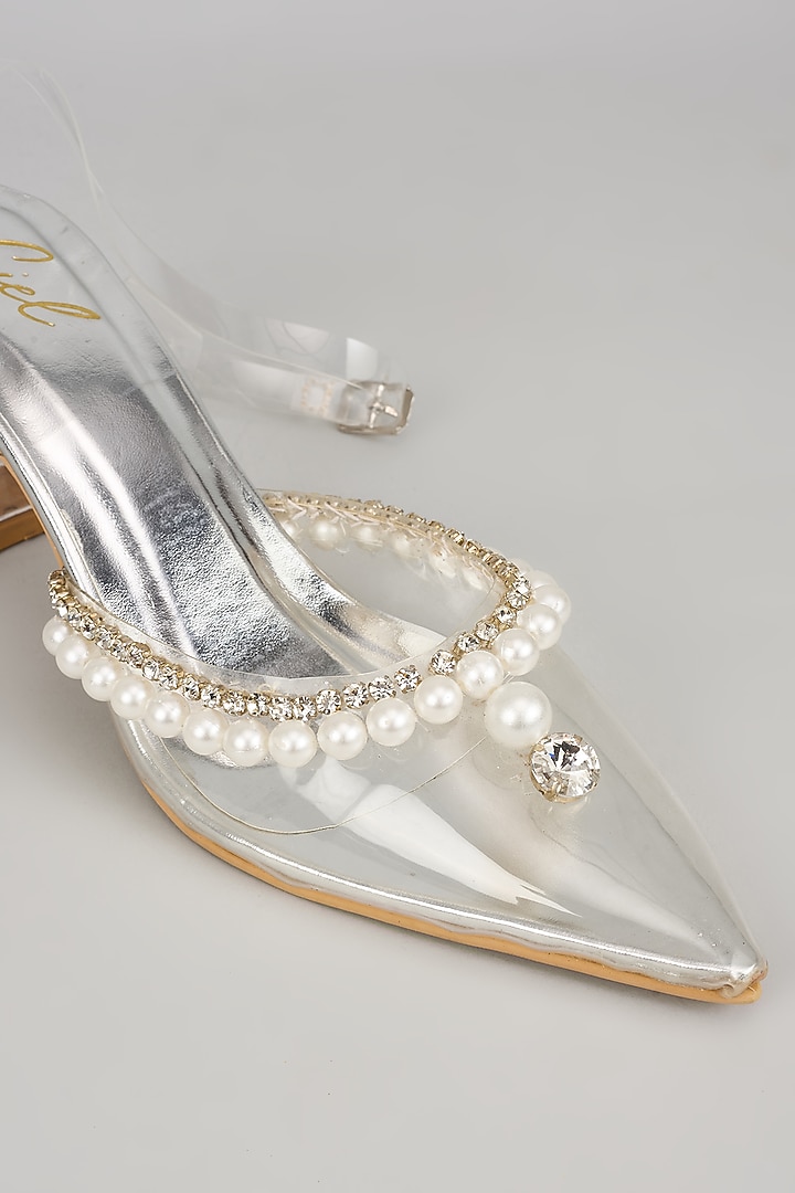 Silver Art Leather & Transparent Acrylic Pearl Embellished Heels by Cielbyak at Pernia's Pop Up Shop