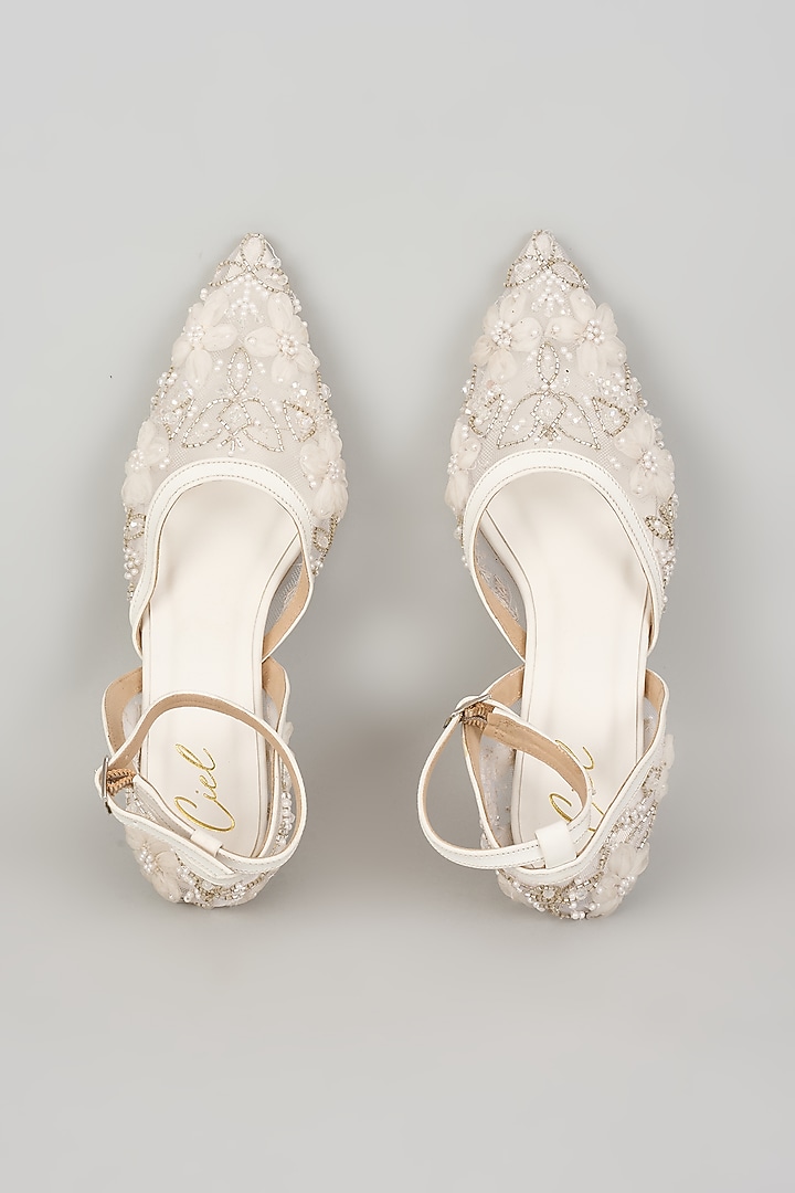 White Net Hand Embroidered Heels by Cielbyak at Pernia's Pop Up Shop