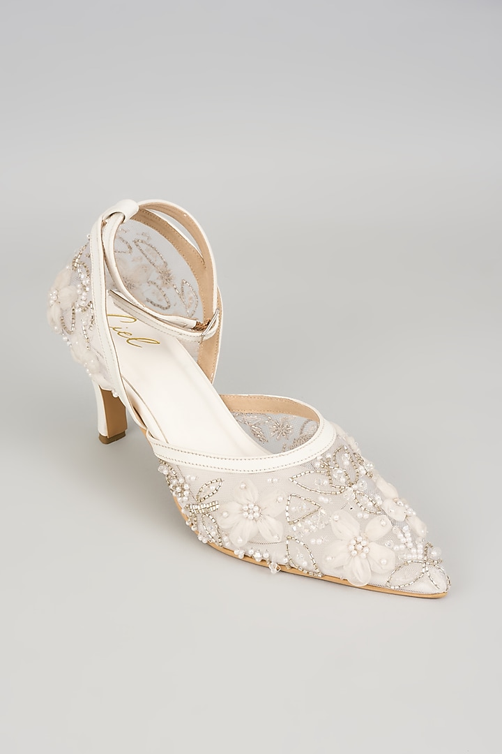 White Net Hand Embroidered Heels by Cielbyak at Pernia's Pop Up Shop