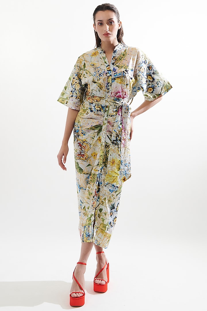 Multi-Colored Cotton Printed Long Shirt Dress by Cin Cin