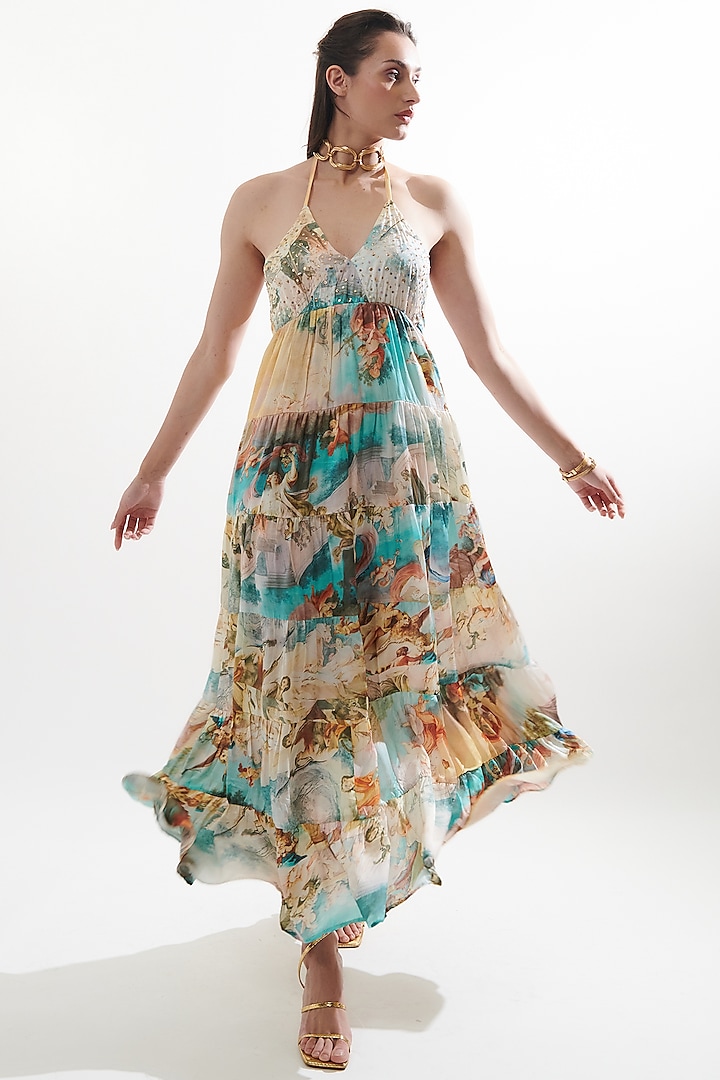 Multi-Colored Silk Printed & Embroidery Dress by Cin Cin