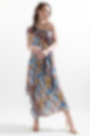 Multi-Colored Silk Printed One-Shoulder Midi Dress by Cin Cin