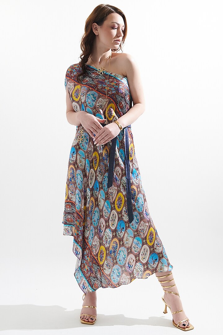 Multi-Colored Silk Printed One-Shoulder Midi Summer Dress by Cin Cin at Pernia's Pop Up Shop