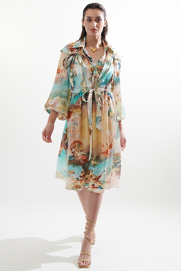 Multi-Colored Silk Printed & Embroidered Dress by Cin Cin