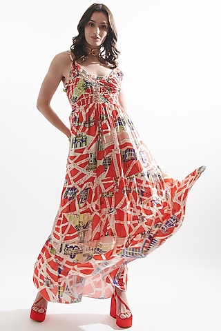 Multi-Colored Satin Printed Dress by Cin Cin