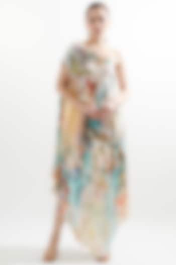 Multi-Colored Silk Printed One-Shoulder Midi Dress by Cin Cin