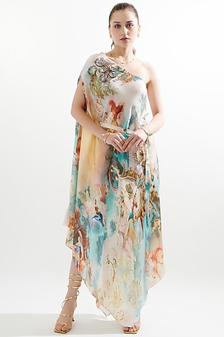 Multi-Colored Silk Printed One-Shoulder Midi Dress by Cin Cin
