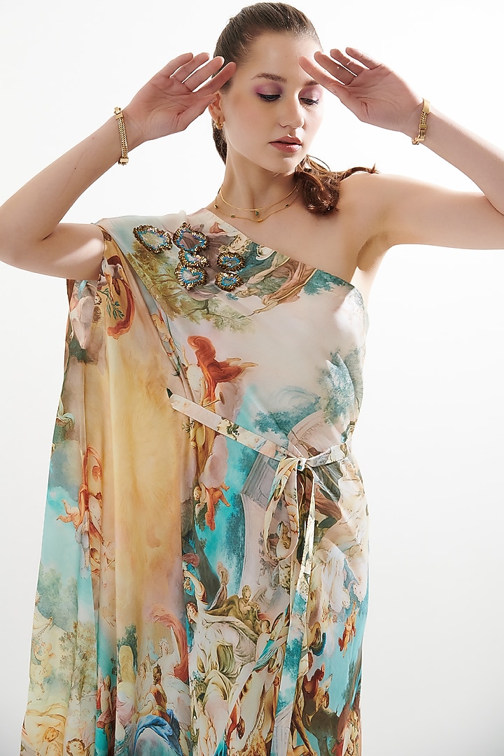 Multi-Colored Silk Printed One-Shoulder Midi Summer Dress by Cin Cin at Pernia's Pop Up Shop
