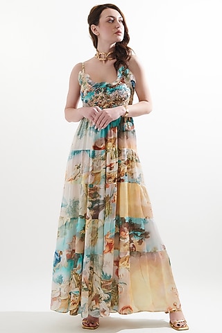 Multi-Colored Satin Printed Dress by Cin Cin