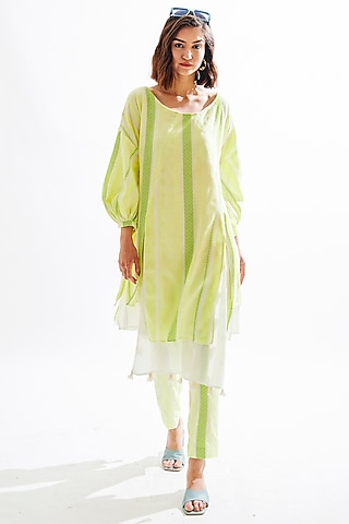 Neon Parrot Green Striped Kurta Set by Cin Cin