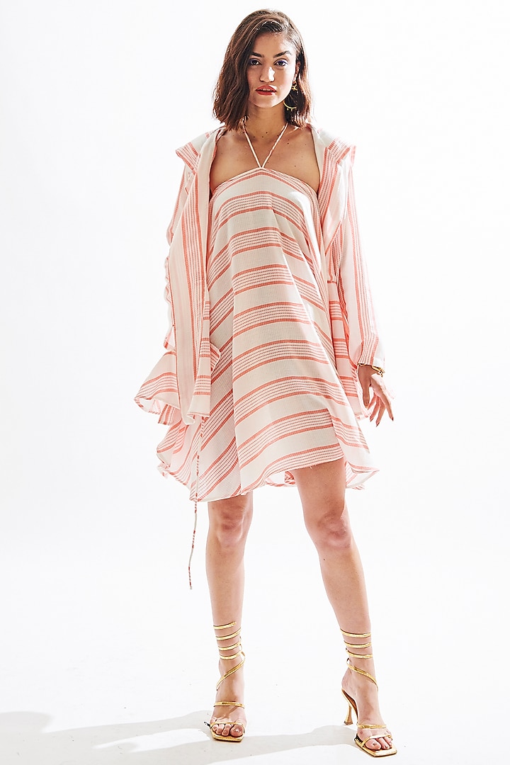 Light Red Striped Dress With Hoodie by Cin Cin