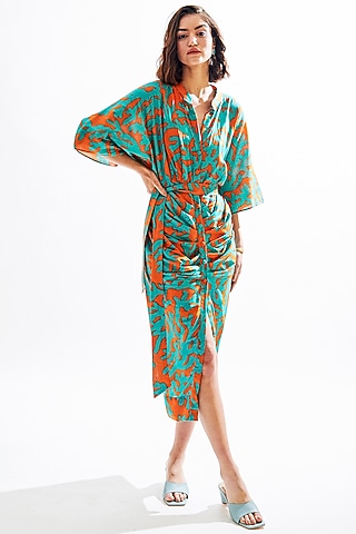 Teal Green Printed Pleated Dress by Cin Cin