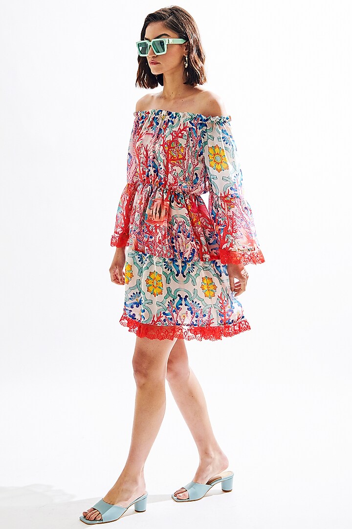 Red Printed Off-Shoulder Mini Summer Dress by Cin Cin at Pernia's Pop Up Shop