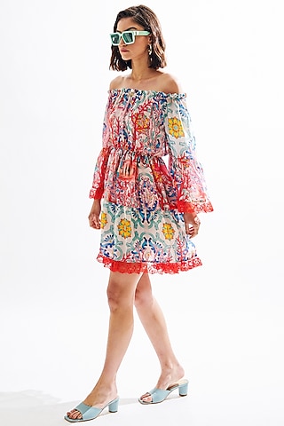 Red Printed Off-Shoulder Mini Dress by Cin Cin