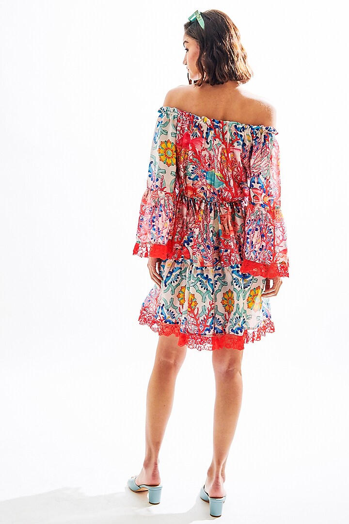 Red Printed Off-Shoulder Mini Summer Dress by Cin Cin at Pernia's Pop Up Shop