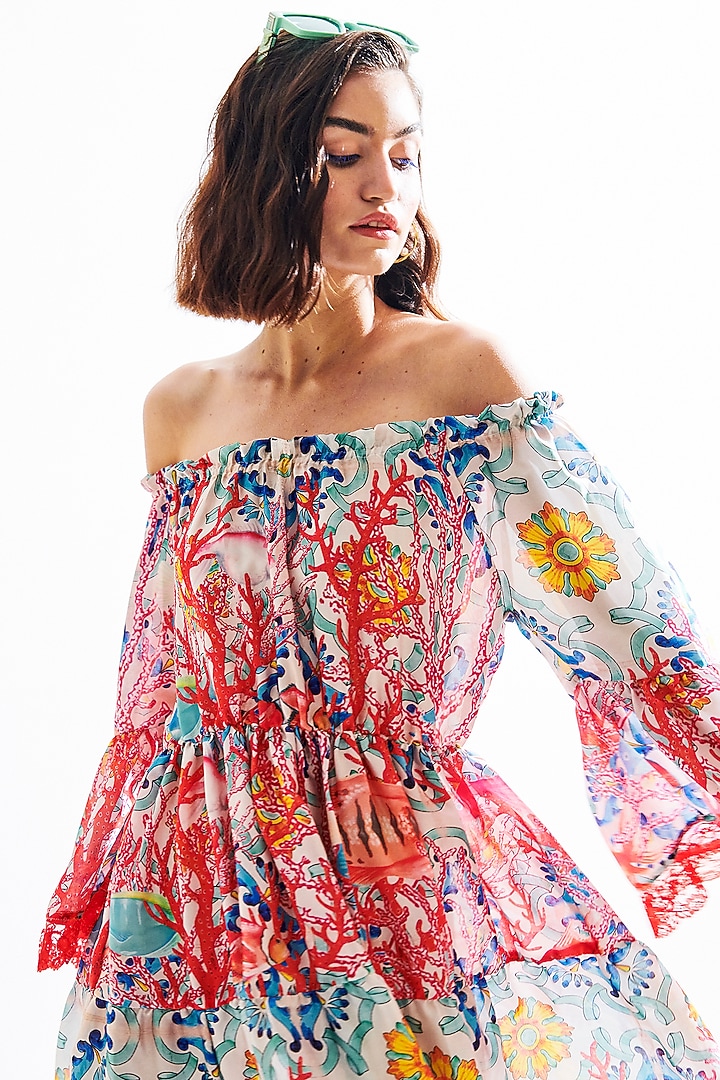 Red Printed Off-Shoulder Mini Summer Dress by Cin Cin at Pernia's Pop Up Shop